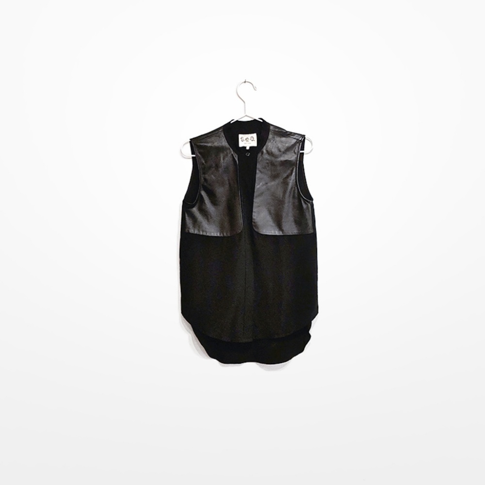 Sea Sleeveless Silk and Leather Button Down Top